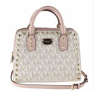 Michael Kors MK Sandrine Studded satchel purse bag pink logo gold xbody leather